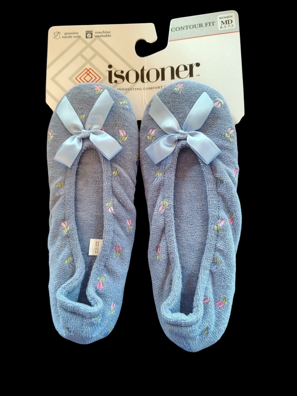 Ladies isotoner Light Blue Floral Terry Ballet Slippers with Bow